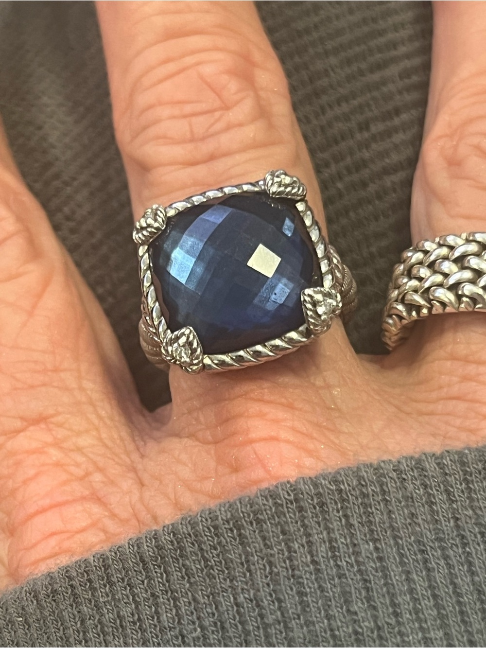 Judith Ripka Sterling Silver Deep Blue Cushion Gemstone Ring